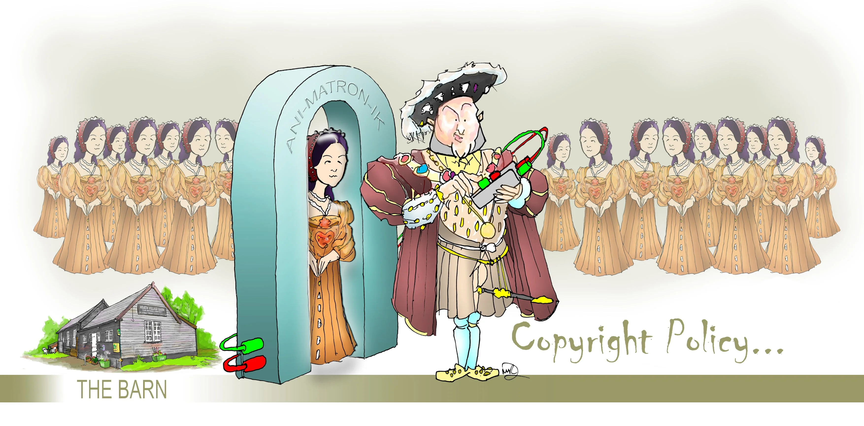 Heath Village Barn copyright illustration featuring a Tudor king and repeated figures